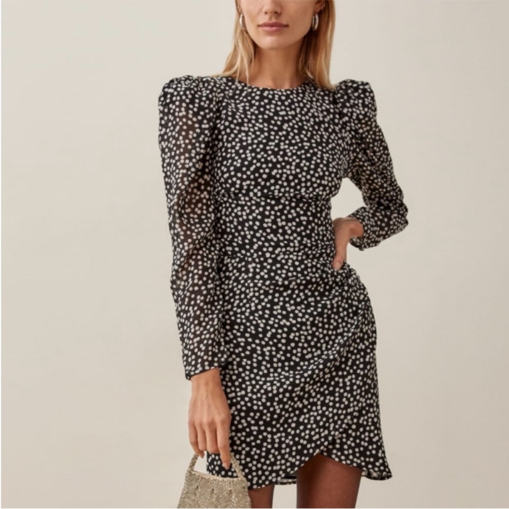 Reformation Black & White Long Sleeve Puff Shoulder Mini Dress